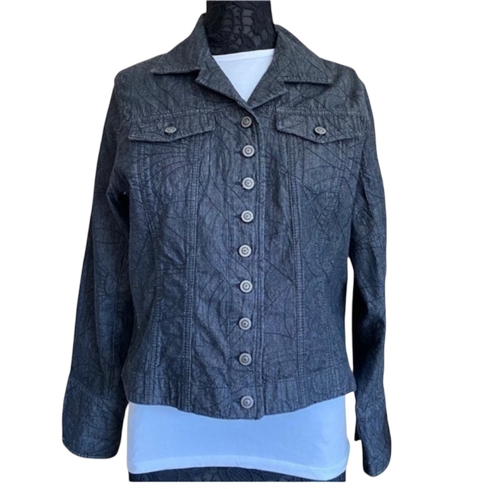 Chico’s black cotton denim quilted relaxed fit jean jacket Size medium N…
